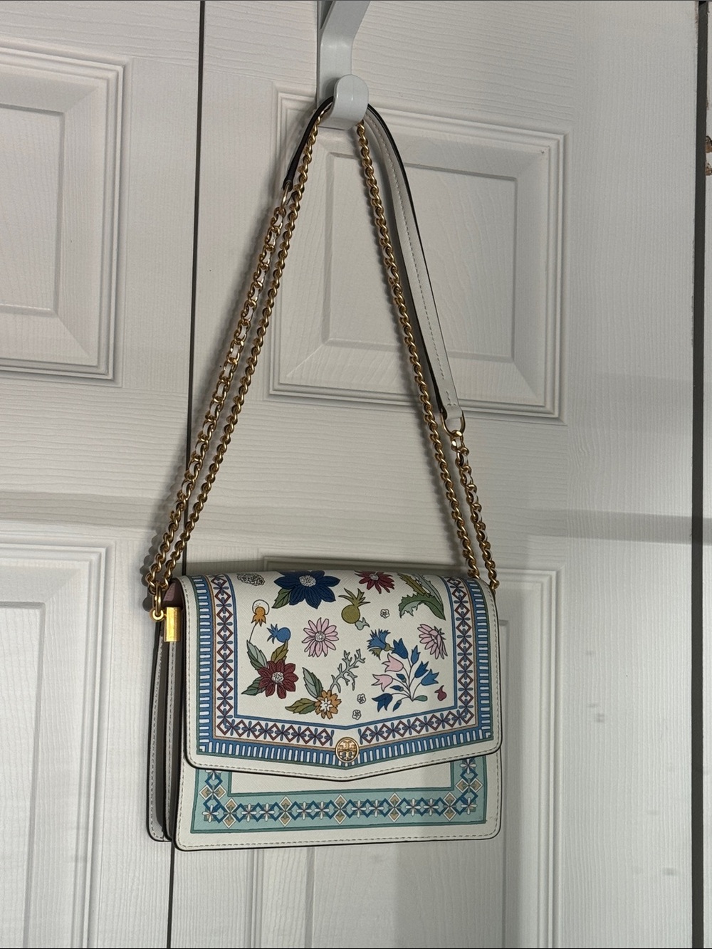 Tory Burch Floral Printed Chain Shoulder Bag - White/Blue